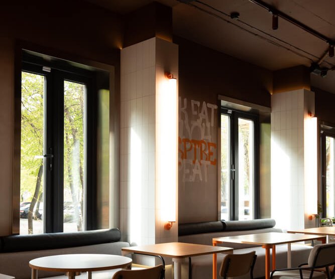 Window area at Not Only Wine with track spotlights