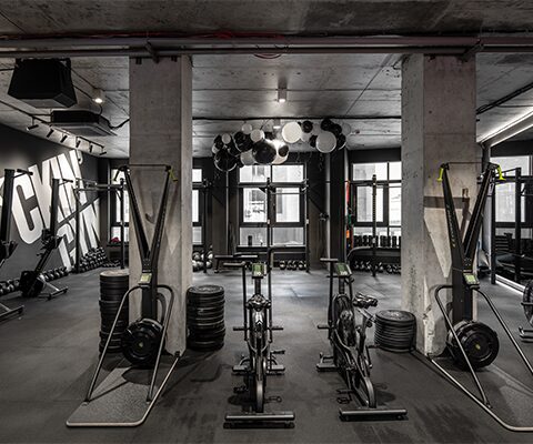 Велотренажери і лижні тренажери біля вікон у залі My F+ckin’ Gym