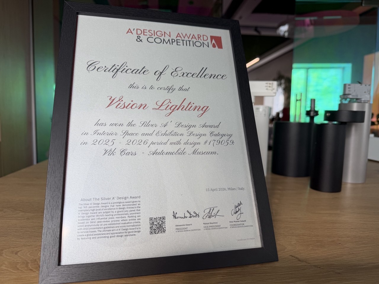 Vision Lighting получила сертификат Silver A' Design Award