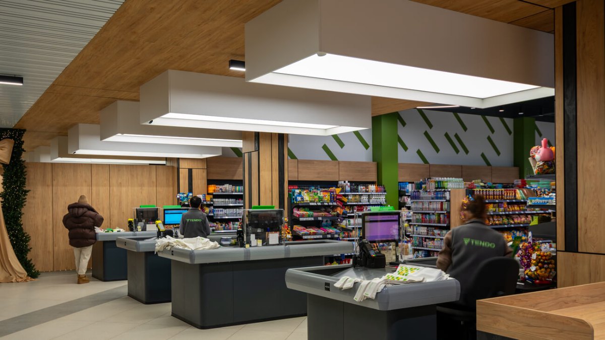 TENDO checkout zone with linear lights