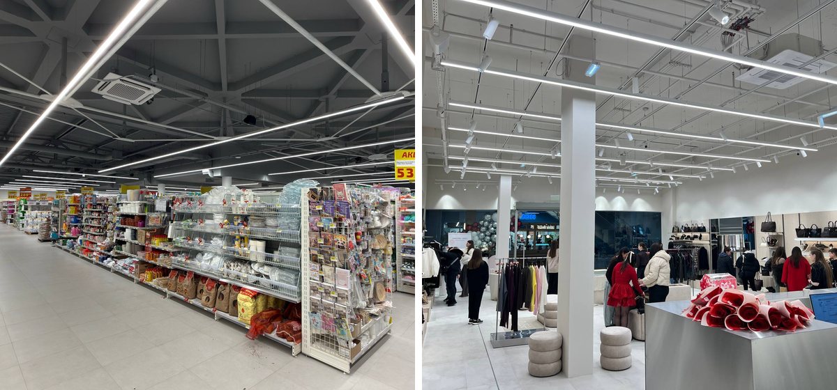 Линейные светильники Vision Lighting в супермаркете и магазине одежды